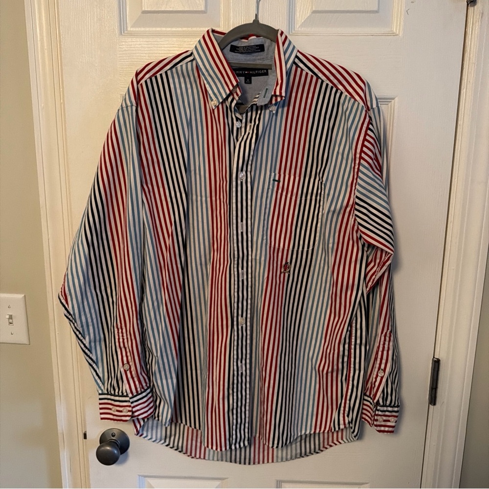 TOMMY HILFIGER COLOR BLOCK VTG 90s BUTTON UP SHIRT MENS Long Sleeve Medium